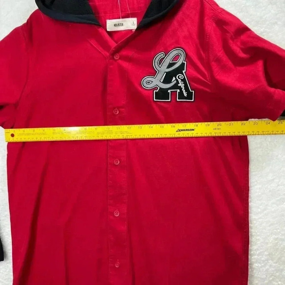 Hollister L Mens NWT LA California Ball Jersey Red Hooded Button Up Sweatshirt - Picture 6 of 9